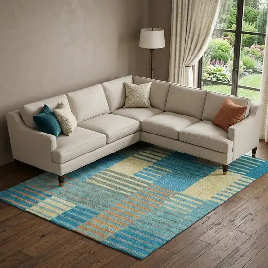 Teal Orange And Gold Striped Washable Area Rug With UV Protection Photo 1
