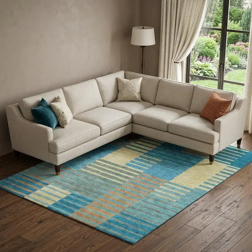 Teal Orange And Gold Striped Washable Area Rug With UV Protection Photo 1