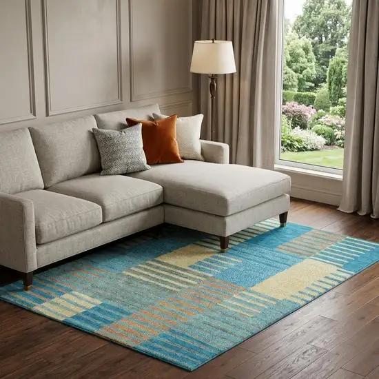 Teal Orange And Gold Striped Washable Area Rug With UV Protection Photo 1