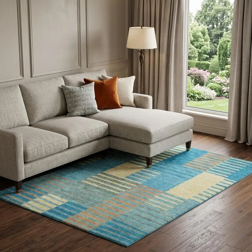 Teal Orange And Gold Striped Washable Area Rug With UV Protection Photo 1