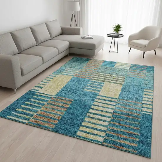 Teal Orange And Gold Striped Washable Area Rug With UV Protection Photo 2