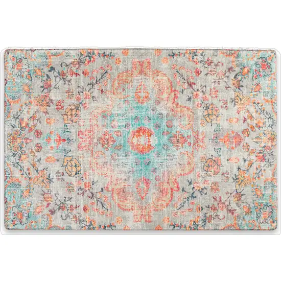 Teal Orange And Gray Medallion Distressed Washable Area Rug Photo 2