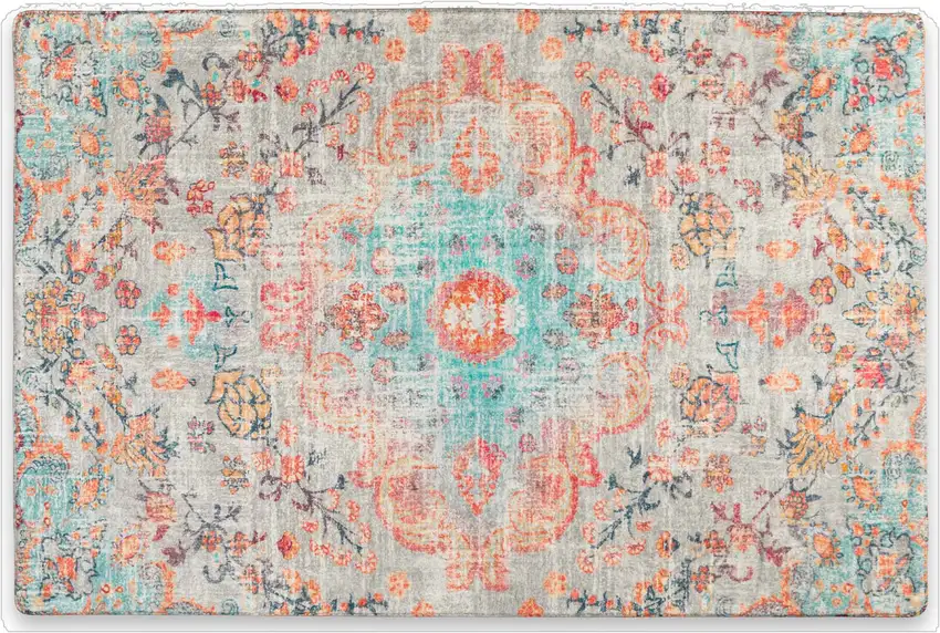 Teal Orange And Gray Medallion Distressed Washable Area Rug Photo 2