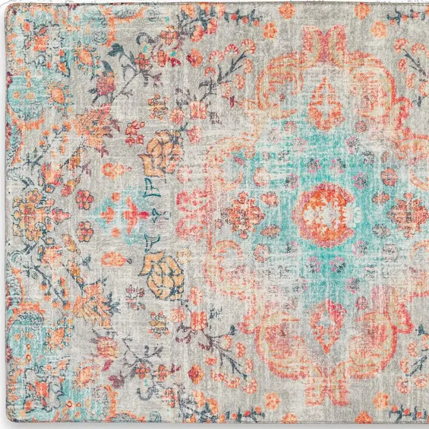 Teal Orange And Gray Medallion Distressed Washable Area Rug Photo 9