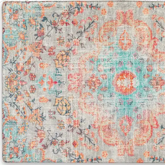 Teal Orange And Gray Medallion Distressed Washable Area Rug Photo 4
