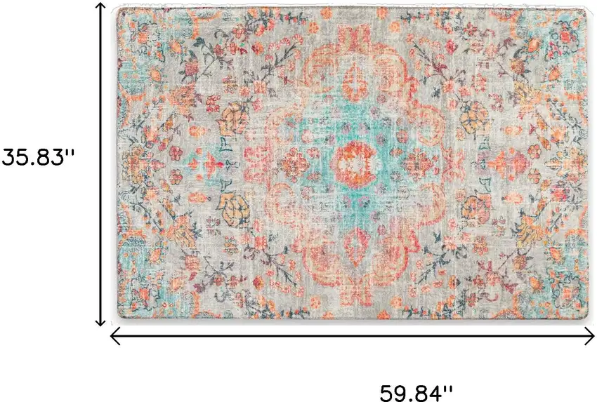 Teal Orange And Gray Medallion Distressed Washable Area Rug Photo 7