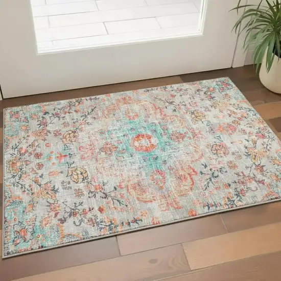 Teal Orange And Gray Medallion Distressed Washable Area Rug Photo 1