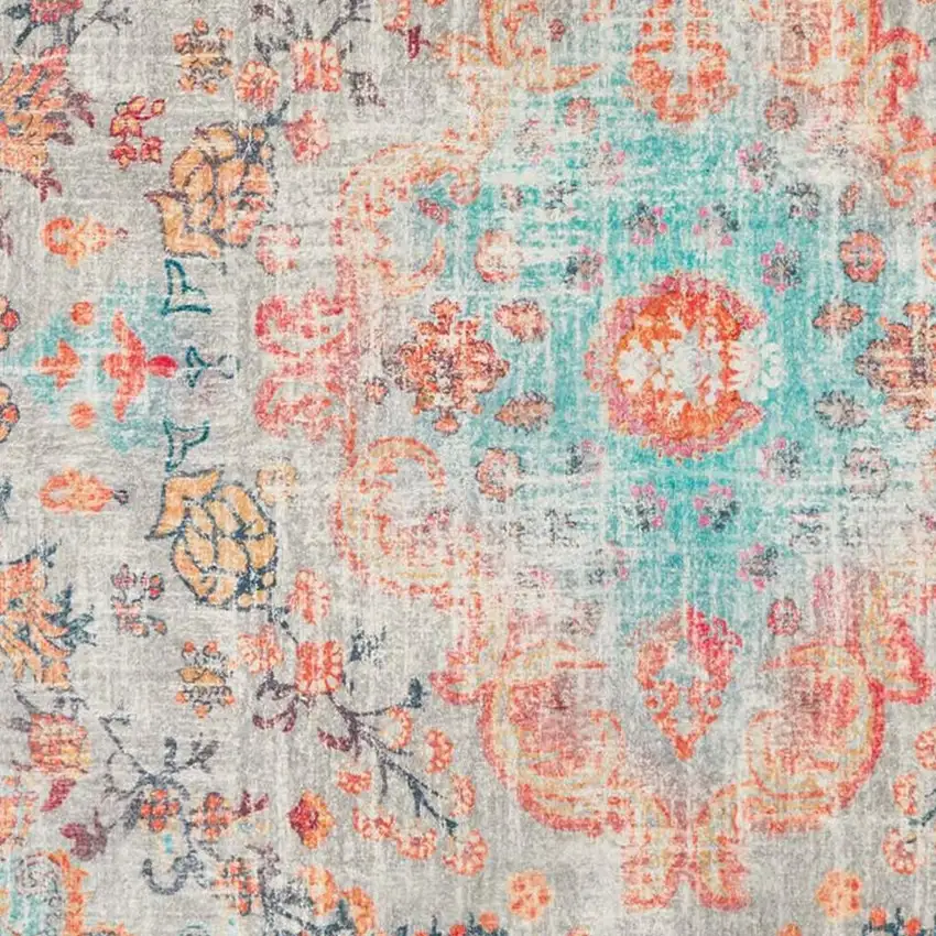 Teal Orange And Gray Medallion Distressed Washable Area Rug Photo 3