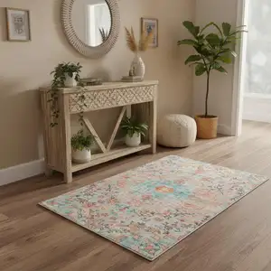 Photo of Teal Orange And Gray Medallion Distressed Washable Area Rug