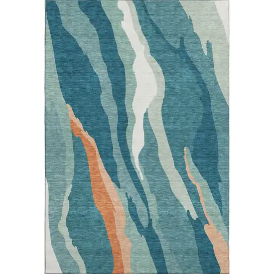 Teal Orange And Ivory Abstract Washable Area Rug With UV Protection Photo 4