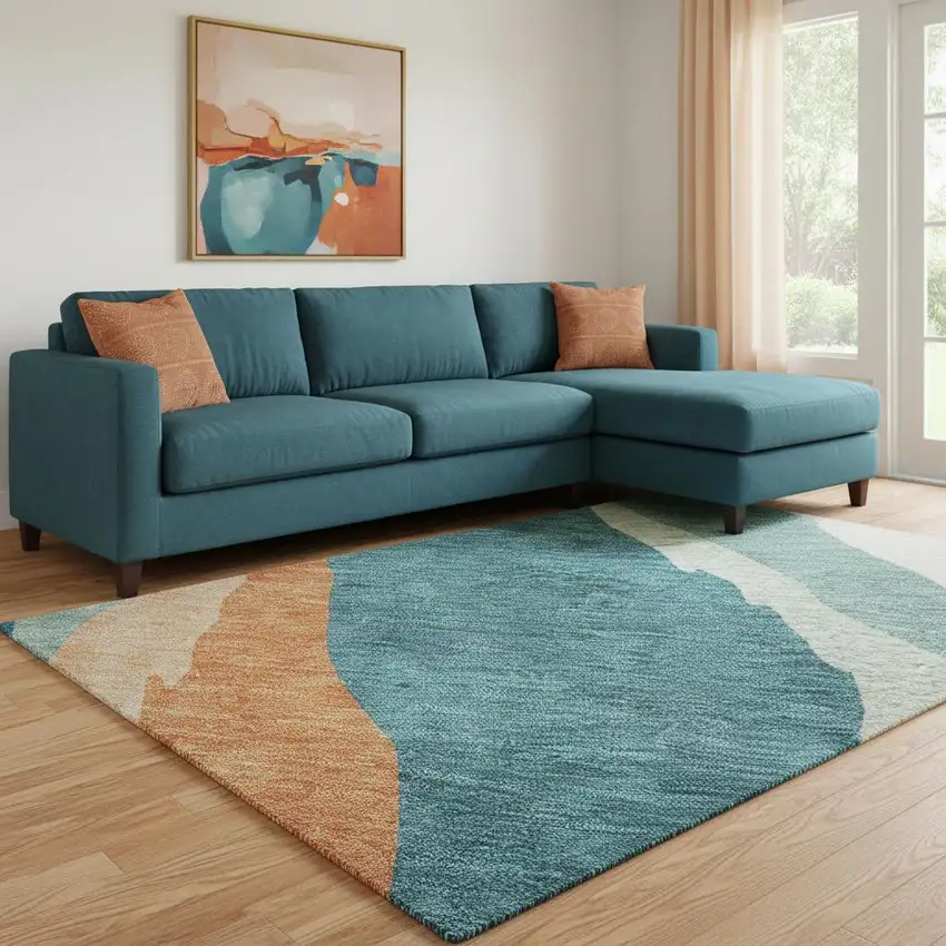 Teal Orange And Ivory Abstract Washable Area Rug With UV Protection Photo 2