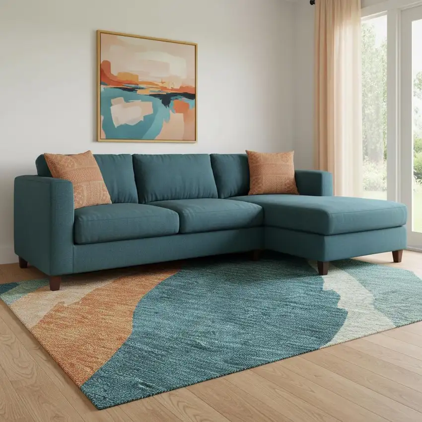 Teal Orange And Ivory Abstract Washable Area Rug With UV Protection Photo 2