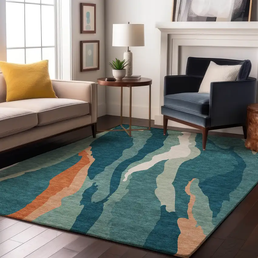 Teal Orange And Ivory Abstract Washable Area Rug With UV Protection Photo 3
