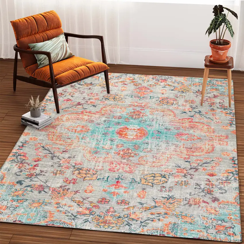 Teal Orange And Ivory Medallion Area Rug Photo 5