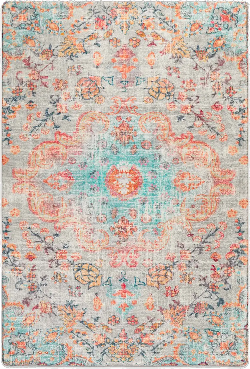 Teal Orange And Ivory Medallion Area Rug Photo 3