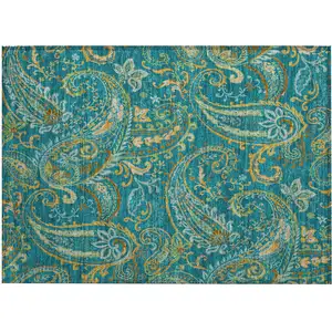 Photo of Teal Paisley Washable Non Skid Indoor Outdoor Area Rug