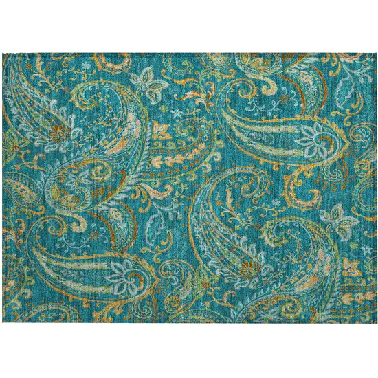 Teal Paisley Washable Non Skid Indoor Outdoor Area Rug Photo 2