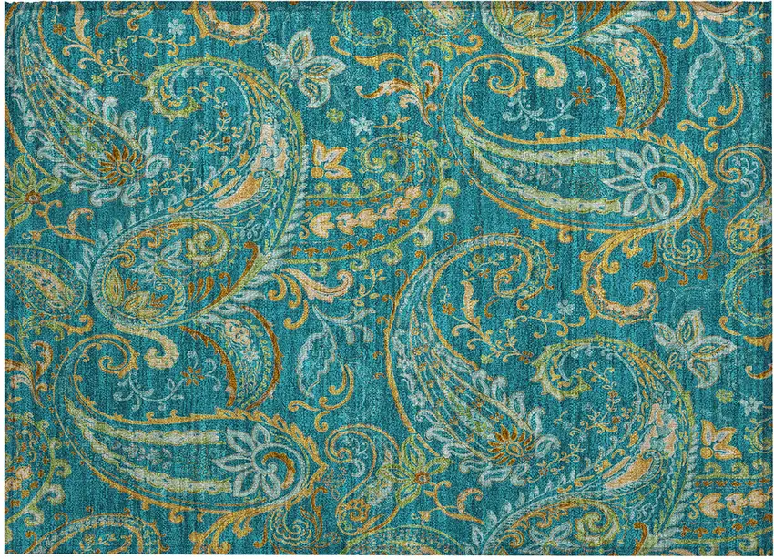Teal Paisley Washable Non Skid Indoor Outdoor Area Rug Photo 2