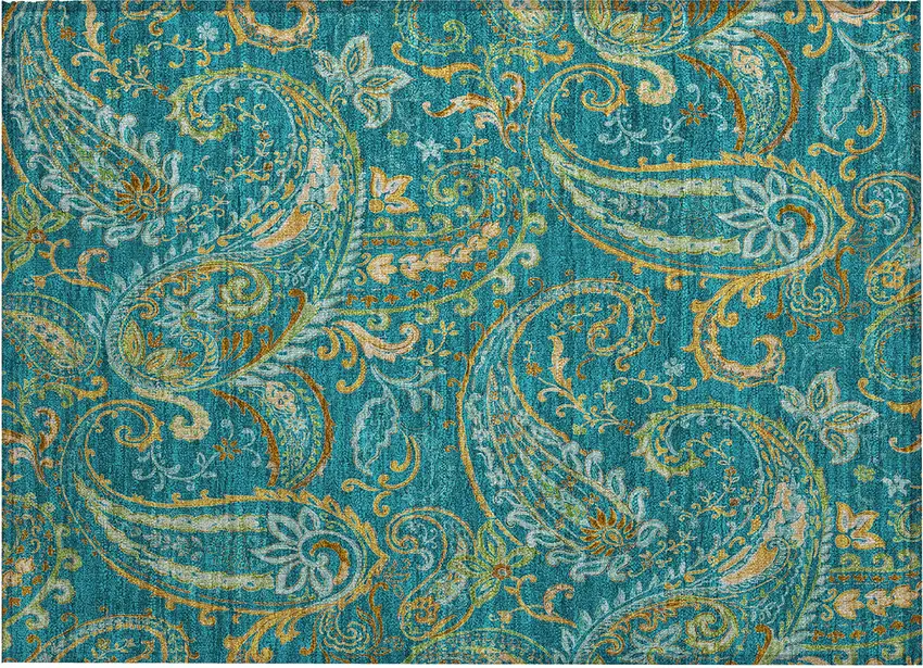 Teal Paisley Washable Non Skid Indoor Outdoor Area Rug Photo 2