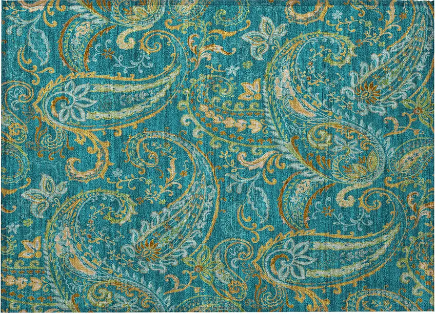 Teal Paisley Washable Non Skid Indoor Outdoor Area Rug Photo 5