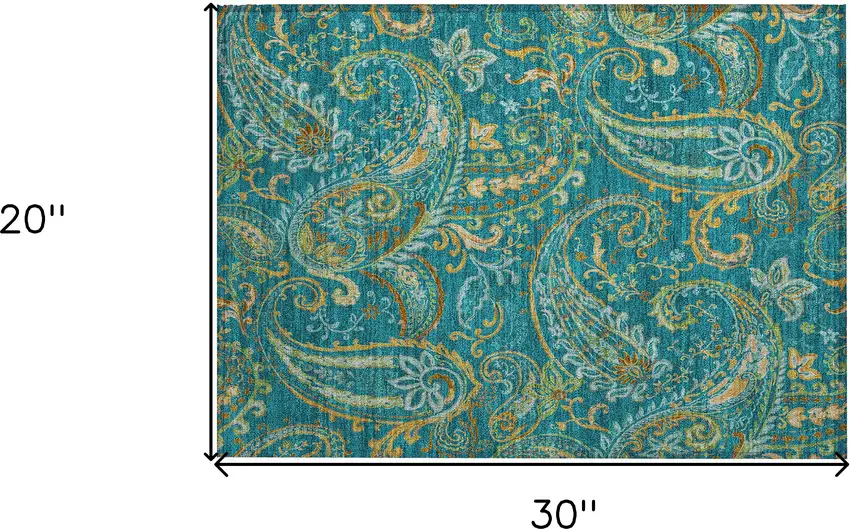 Teal Paisley Washable Non Skid Indoor Outdoor Area Rug Photo 3