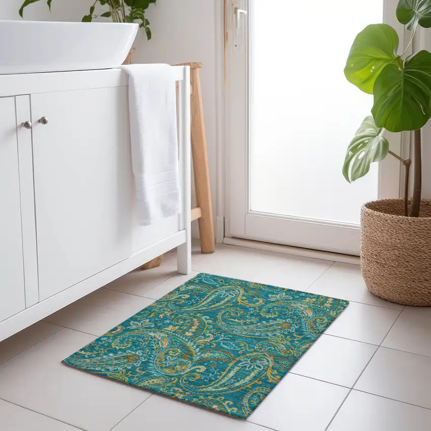 Teal Paisley Washable Non Skid Indoor Outdoor Area Rug Photo 9