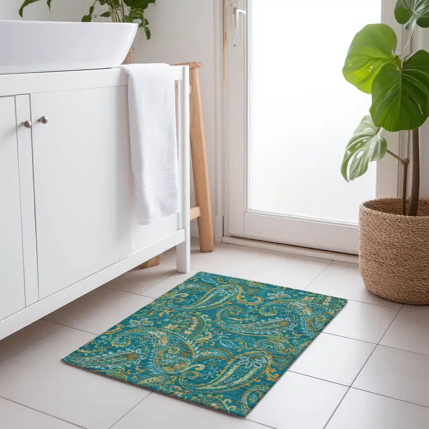 Teal Paisley Washable Non Skid Indoor Outdoor Area Rug Photo 9