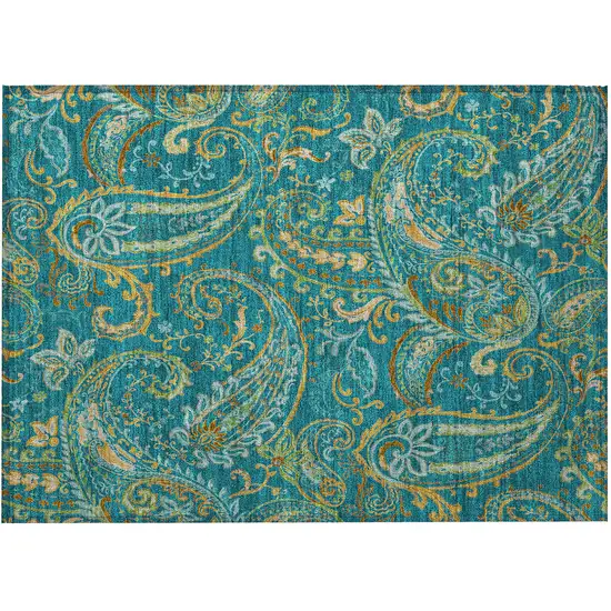Teal Paisley Washable Non Skid Indoor Outdoor Area Rug Photo 4