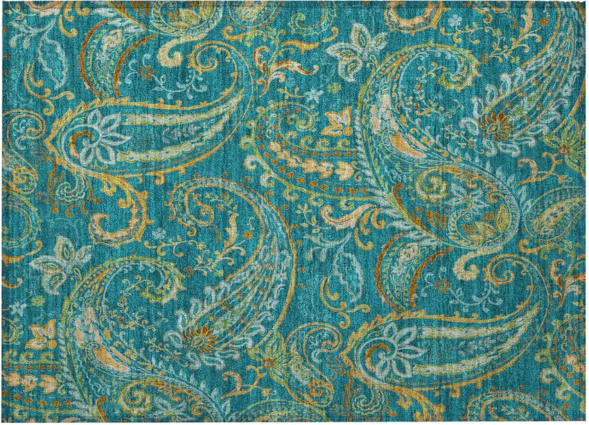 Teal Paisley Washable Non Skid Indoor Outdoor Area Rug Photo 4