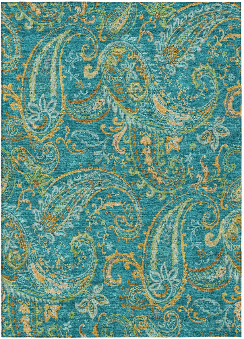 Teal Paisley Washable Non Skid Indoor Outdoor Area Rug Photo 2