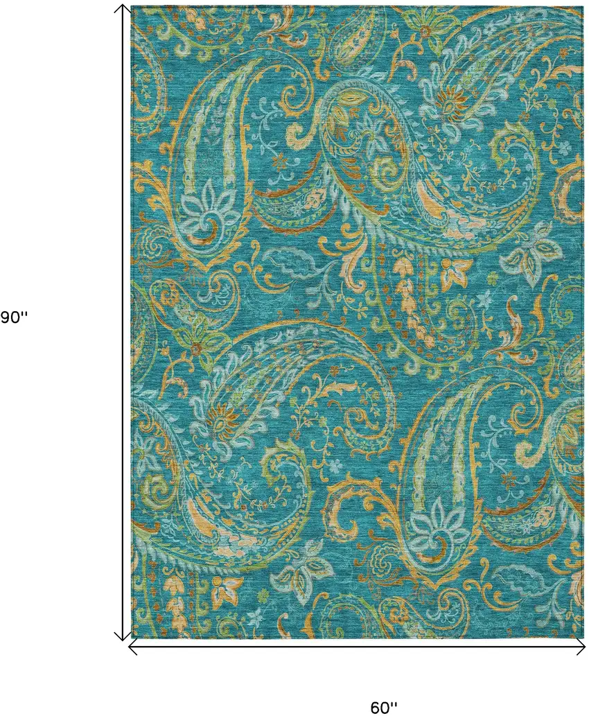 Teal Paisley Washable Non Skid Indoor Outdoor Area Rug Photo 3