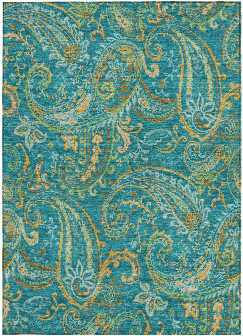 Teal Paisley Washable Non Skid Indoor Outdoor Area Rug Photo 5