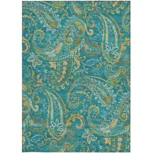 Photo of Teal Paisley Washable Non Skid Indoor Outdoor Area Rug