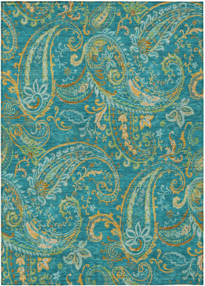 Teal Paisley Washable Non Skid Indoor Outdoor Area Rug Photo 2
