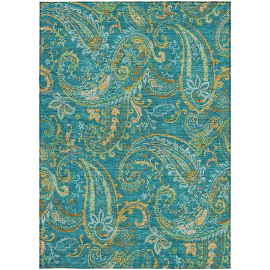 Teal Paisley Washable Non Skid Indoor Outdoor Area Rug Photo 3