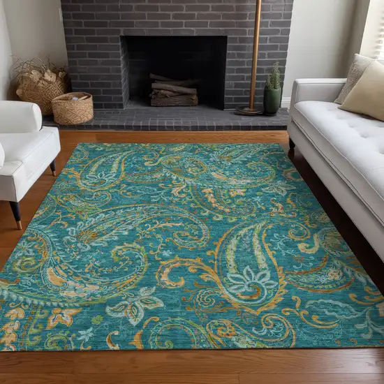 Teal Paisley Washable Non Skid Indoor Outdoor Area Rug Photo 9