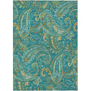 Photo of Teal Paisley Washable Non Skid Indoor Outdoor Area Rug