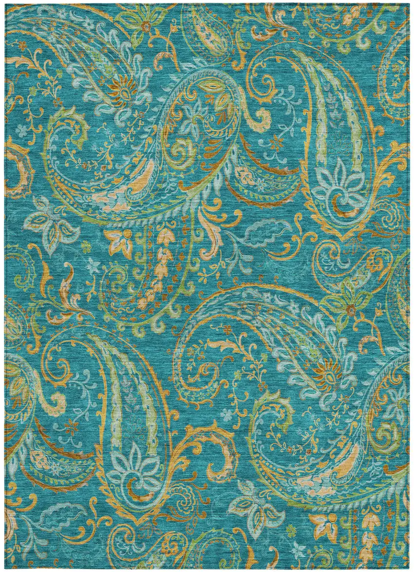 Teal Paisley Washable Non Skid Indoor Outdoor Area Rug Photo 5
