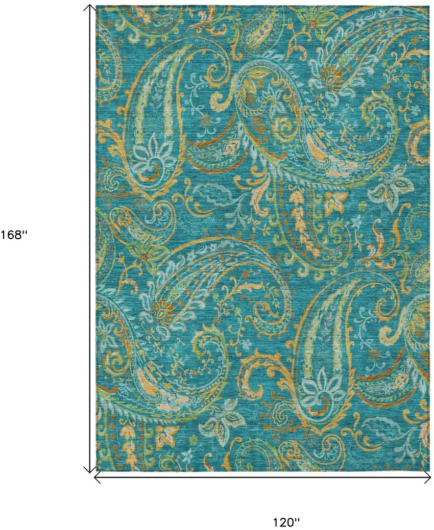 Teal Paisley Washable Non Skid Indoor Outdoor Area Rug Photo 3