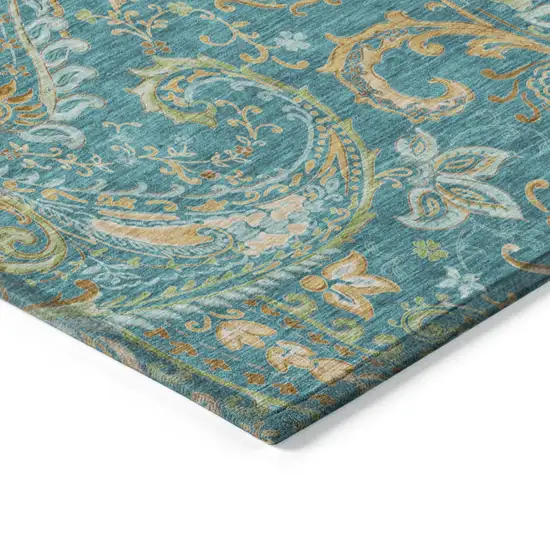 Teal Paisley Washable Non Skid Indoor Outdoor Area Rug Photo 6