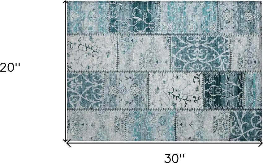 Teal Patchwork Washable Non Skid Indoor Outdoor Area Rug Photo 3