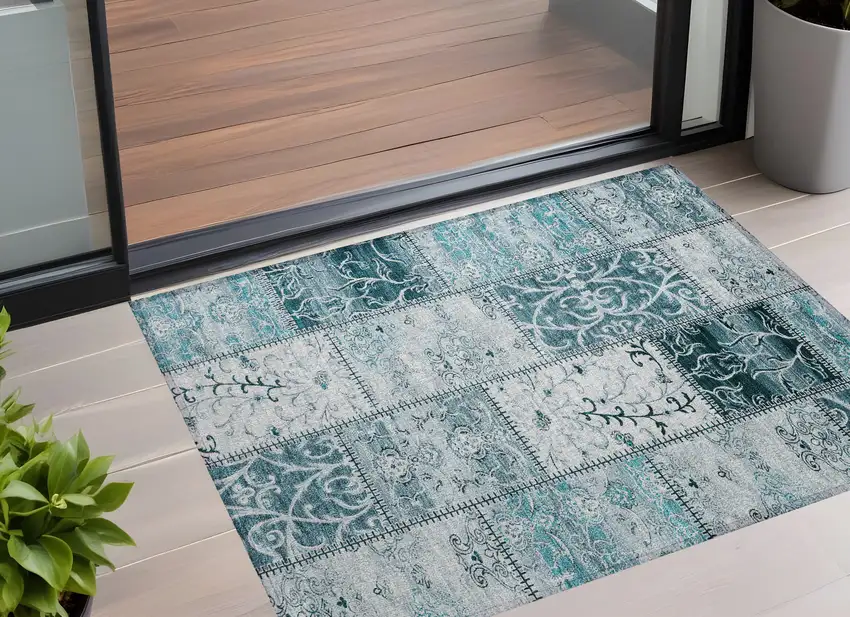 Teal Patchwork Washable Non Skid Indoor Outdoor Area Rug Photo 1