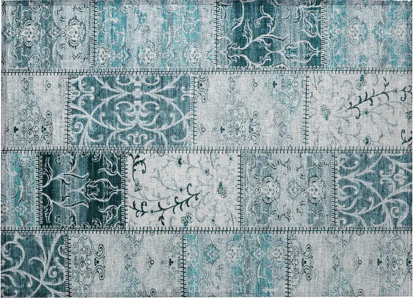 Teal Patchwork Washable Non Skid Indoor Outdoor Area Rug Photo 5