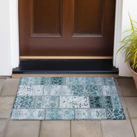Teal Patchwork Washable Non Skid Indoor Outdoor Area Rug Photo 6