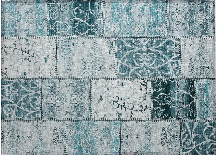 Teal Patchwork Washable Non Skid Indoor Outdoor Area Rug Photo 2