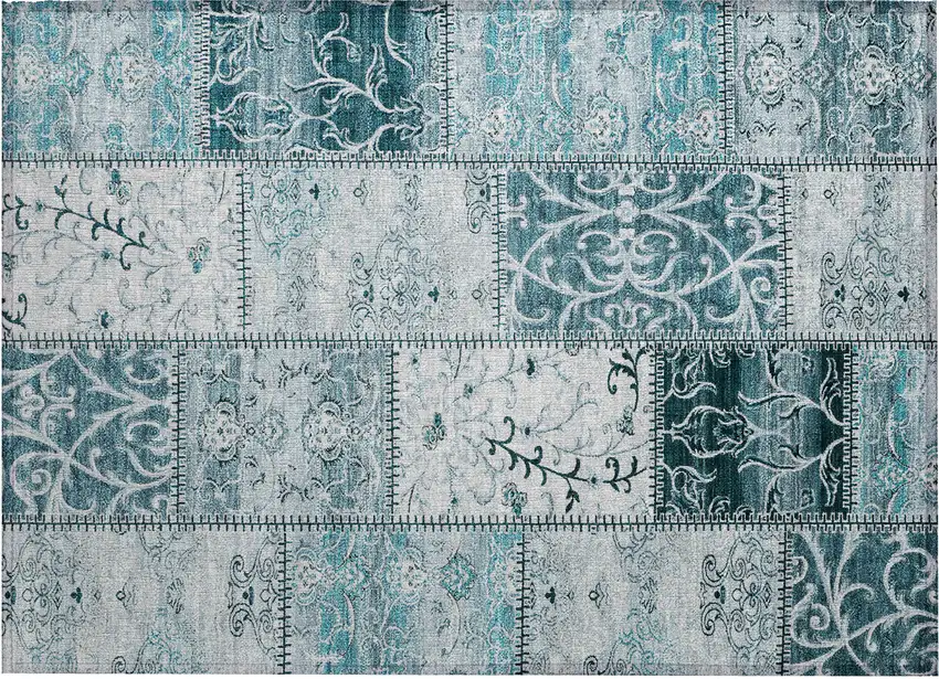 Teal Patchwork Washable Non Skid Indoor Outdoor Area Rug Photo 2