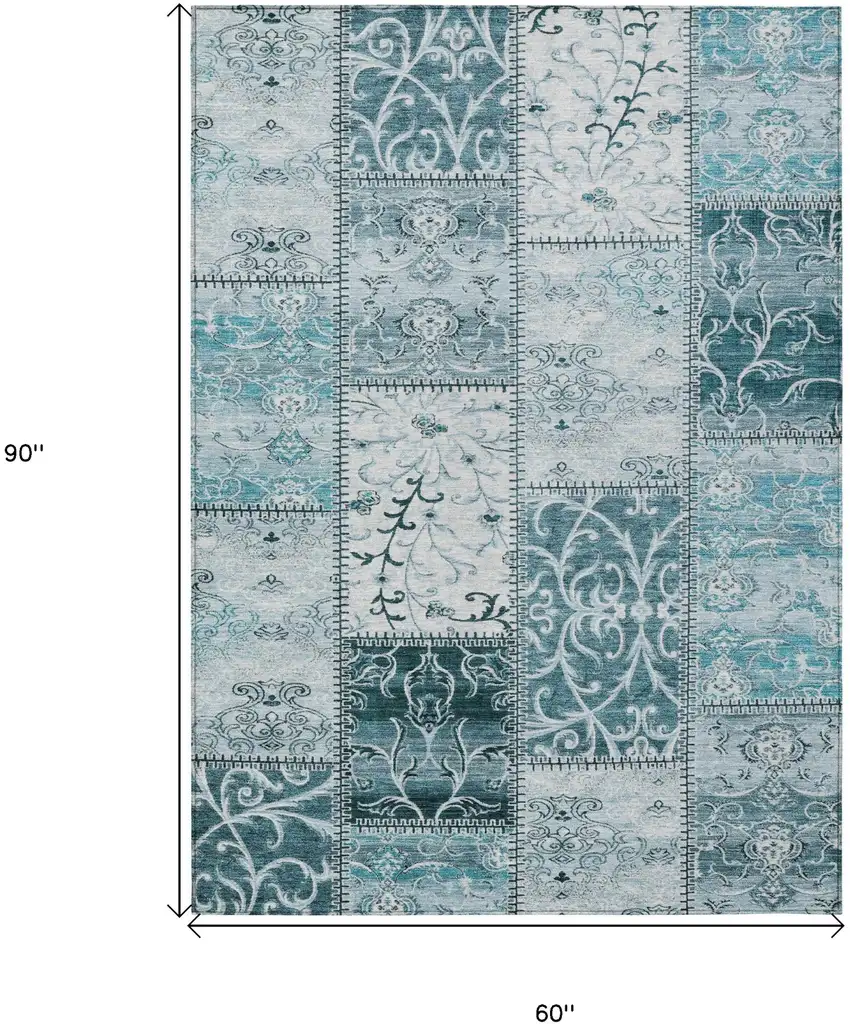 Teal Patchwork Washable Non Skid Indoor Outdoor Area Rug Photo 3