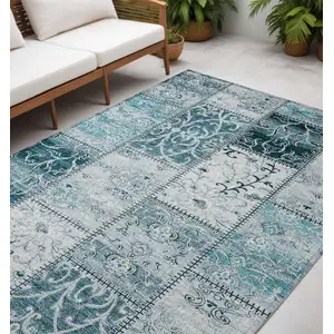 Photo of Teal Patchwork Washable Non Skid Indoor Outdoor Area Rug