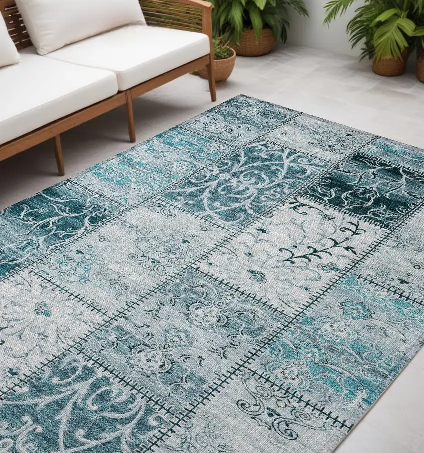 Teal Patchwork Washable Non Skid Indoor Outdoor Area Rug Photo 1