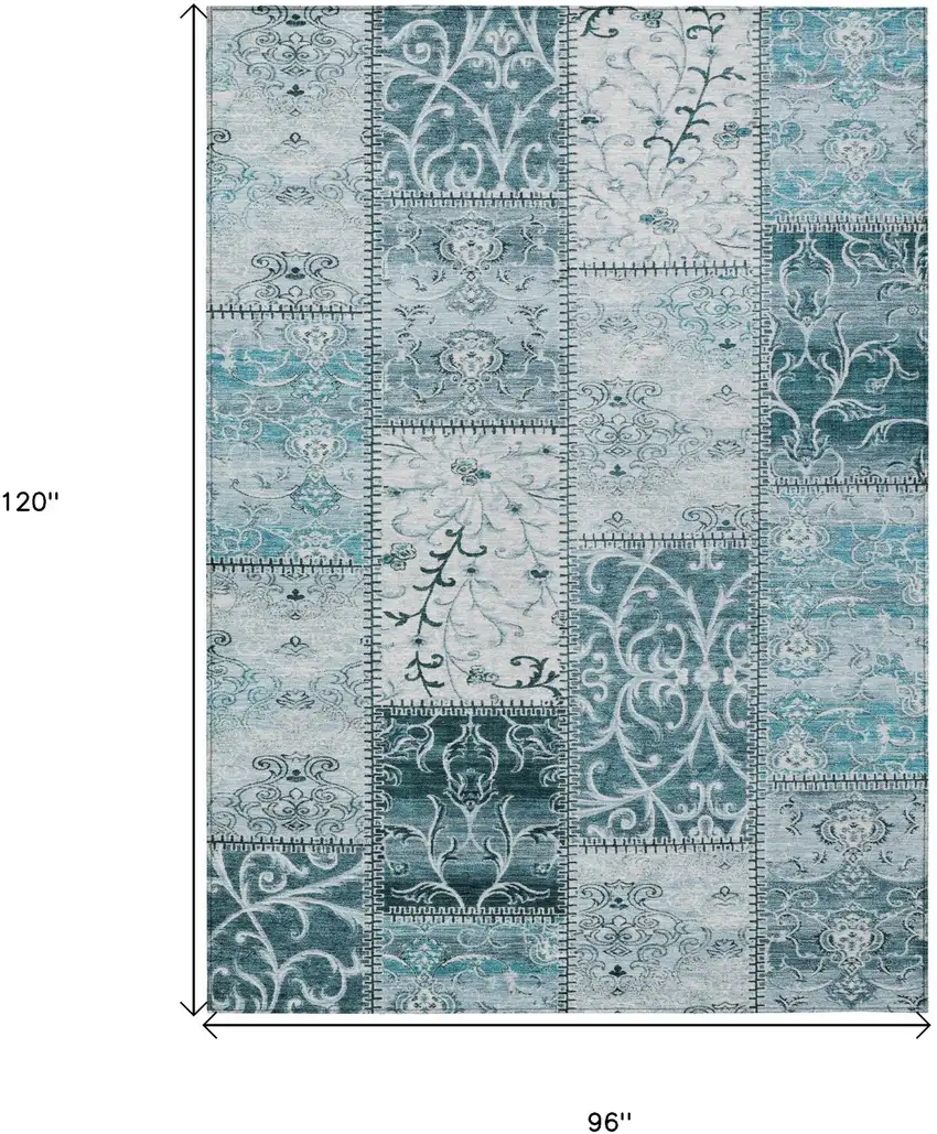 Teal Patchwork Washable Non Skid Indoor Outdoor Area Rug Photo 3